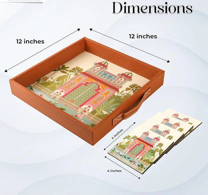 Wooden servings tray with 4 mates.