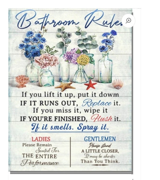 Bathroom  Rules, Home decor.  Size 12 x 9 inch..