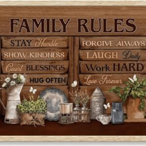 Family rules, framed Wall Art Bathroom Wall Décor Farmhouse Pictures Family Rules, Canvas Art Inspirational Quotes Paintings Artwork For Restroom